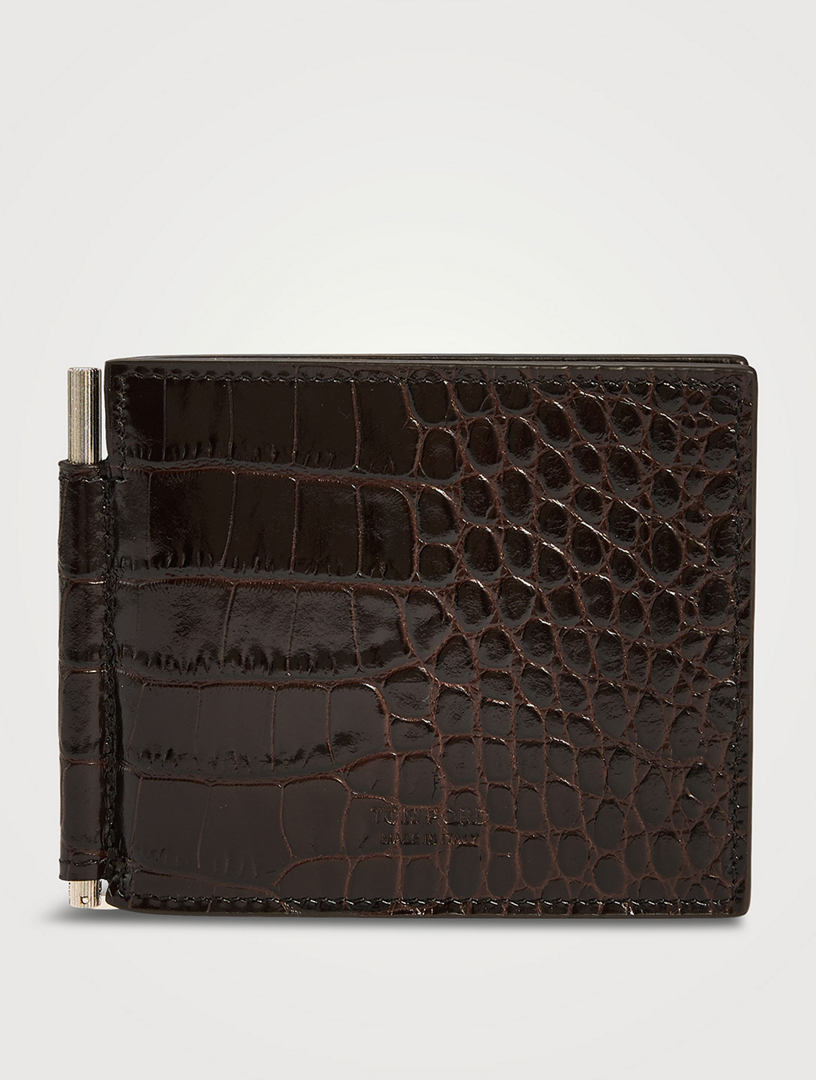 Shiny Leather Croc Wallet With Money Clip