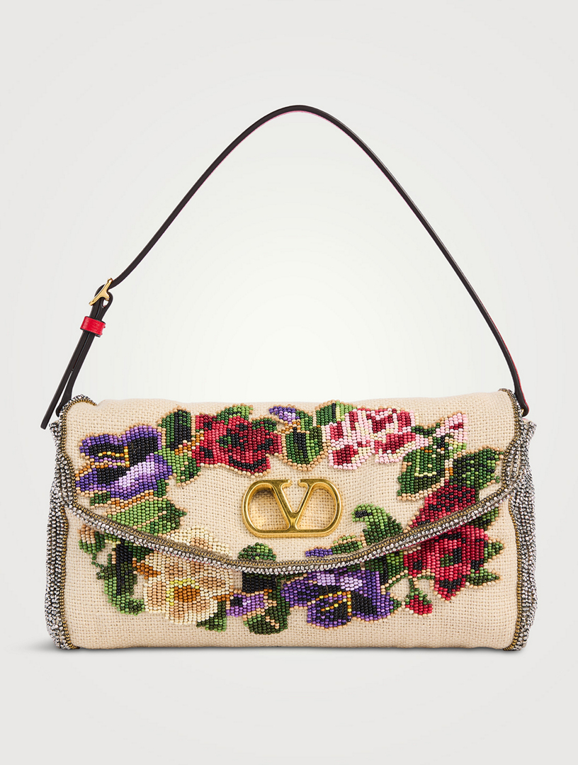 Small Vain Embroidered Linen Shoulder Bag