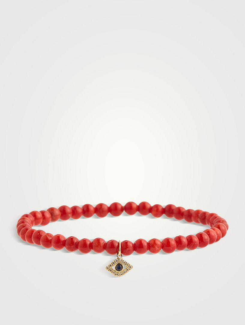 Red Coral Beaded Bracelet With 14K Gold Diamond Tiny Bezel Evil Eye Charm