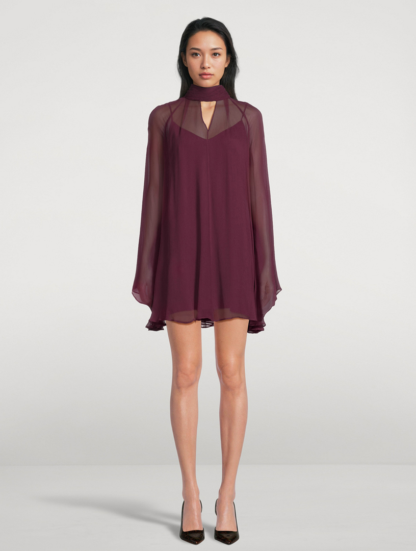 staud esther chiffon dress Mini Sheer sleeves Light Pink Satin Cowl houston boutique houston Long bell sleeves DM:19