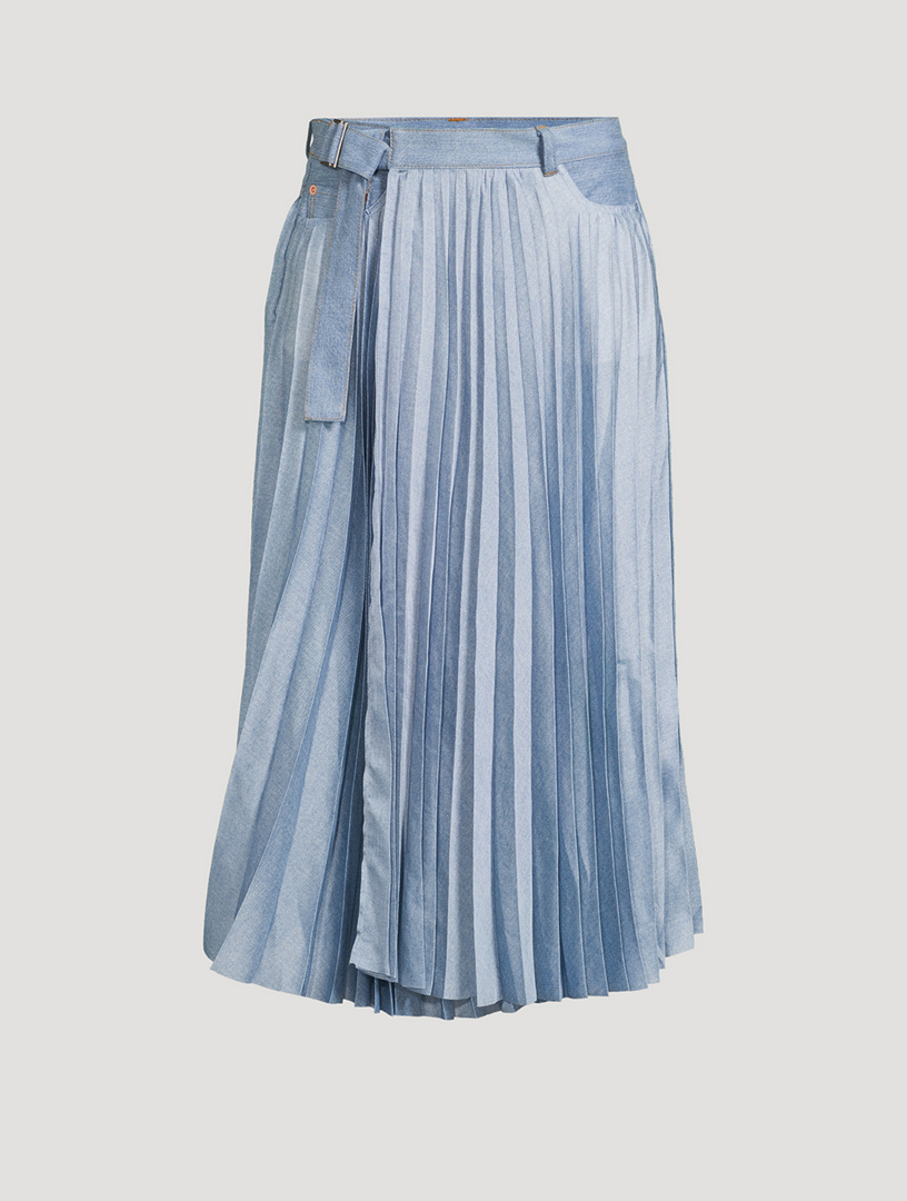 Pleated Denim Midi Skirt