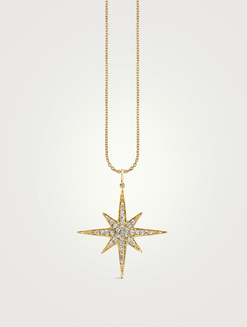 Large 14K Gold Starburst Pendant Necklace With Pavé Diamonds