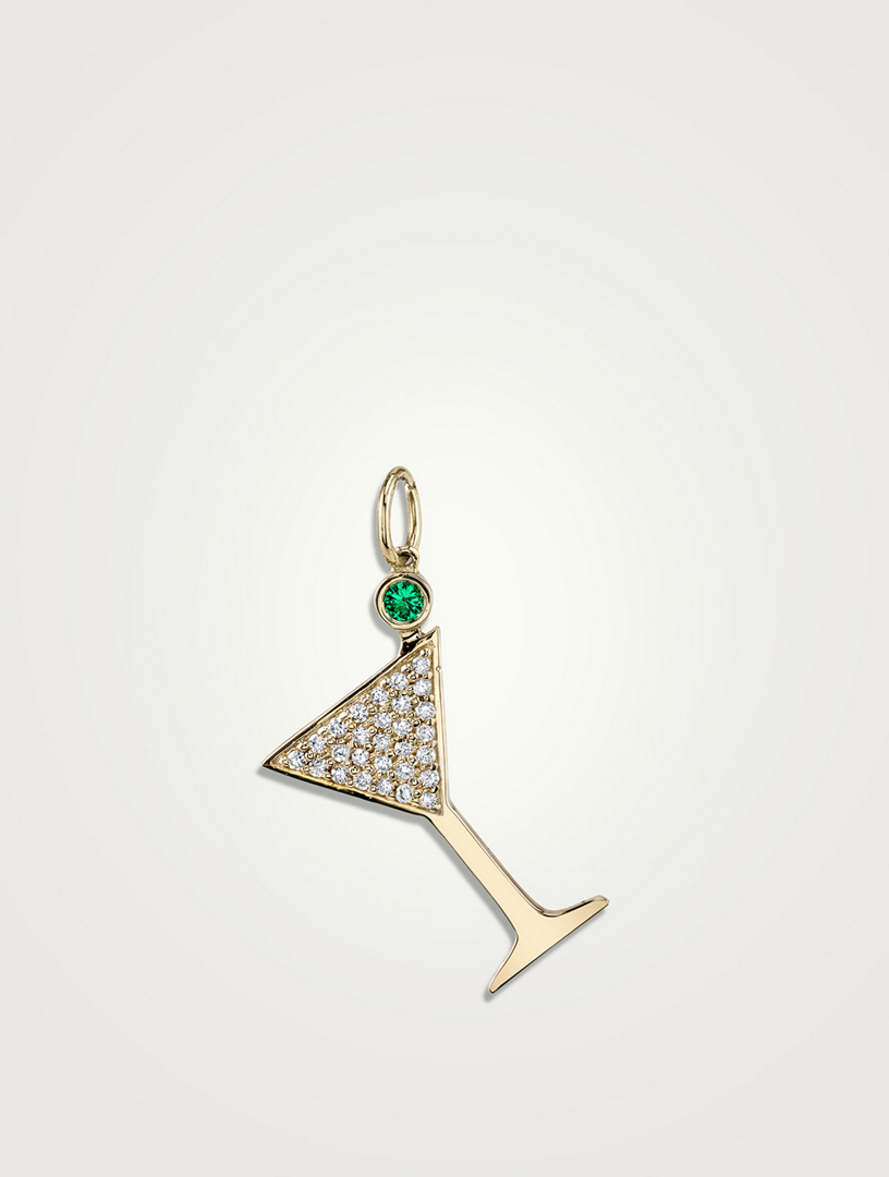 Large 14K Gold Martini Charm With Emerald And Diamonds