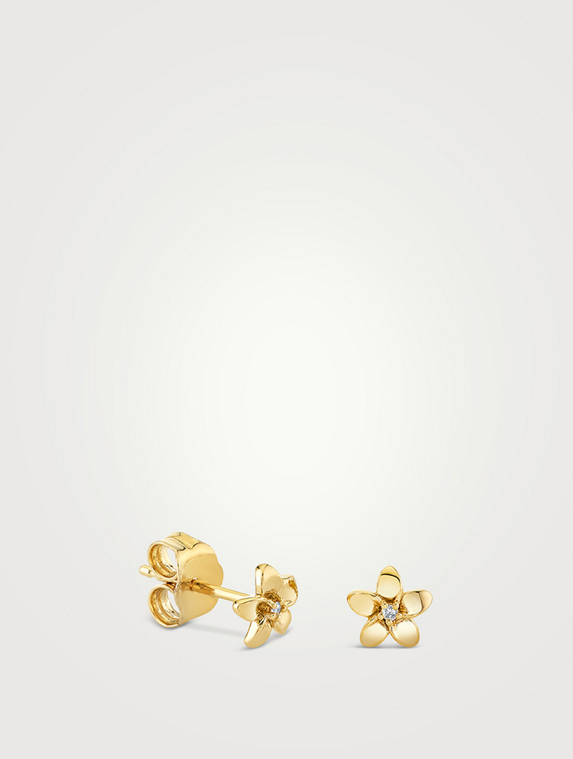 Tiny 14K Gold Plumeria Stud Earrings With Diamonds
