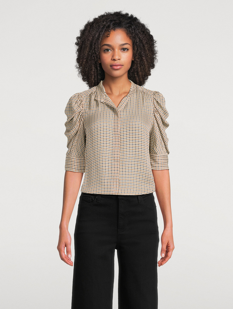 FRAME Gillian Puff-Sleeve Silk Shirt In Houndstooth Print | Holt