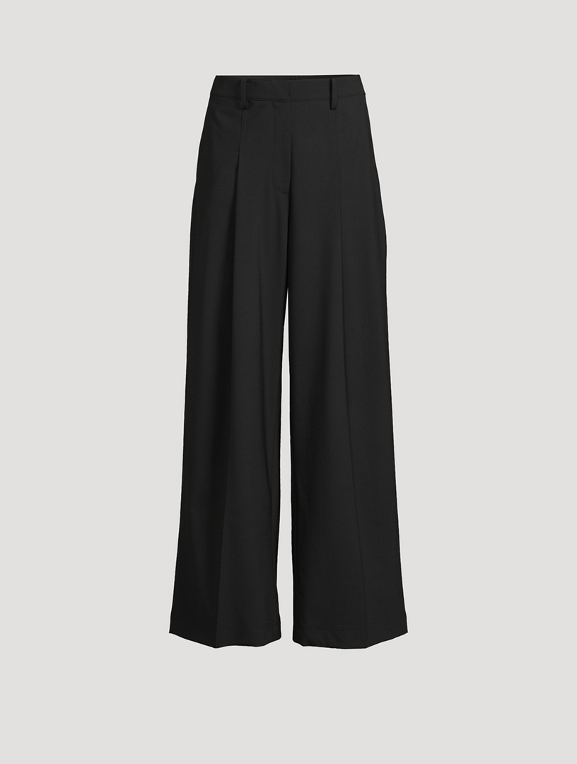 Wide-Leg Pleated Stretch Wool Trouser Pants