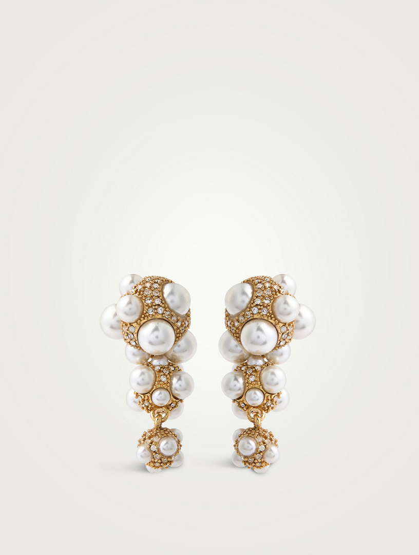 Boucles D'oreilles Pendantes OSCAR DE LA RENTA - Cristaux Roses Et Perles, Plaqué Or