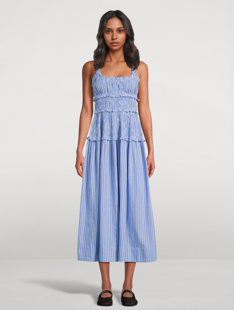 DOEN Marianne Smocked Midi Dress In Stripe Print | Holt Renfrew