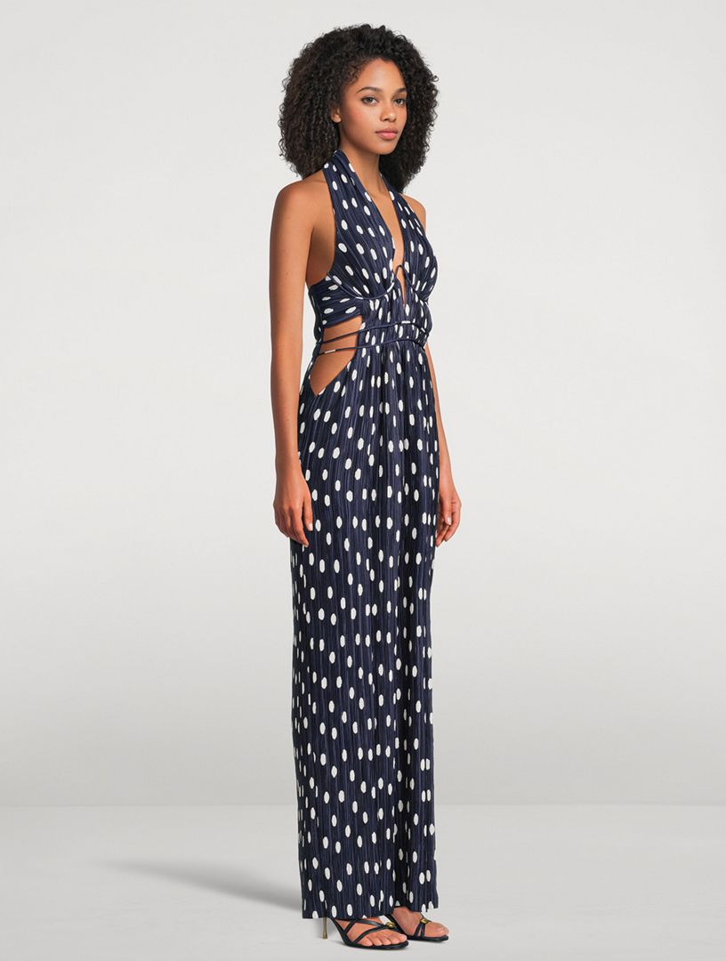CULT GAIA Aashvi Plissé Halter Dress In Polka Dot Print | Holt Renfrew