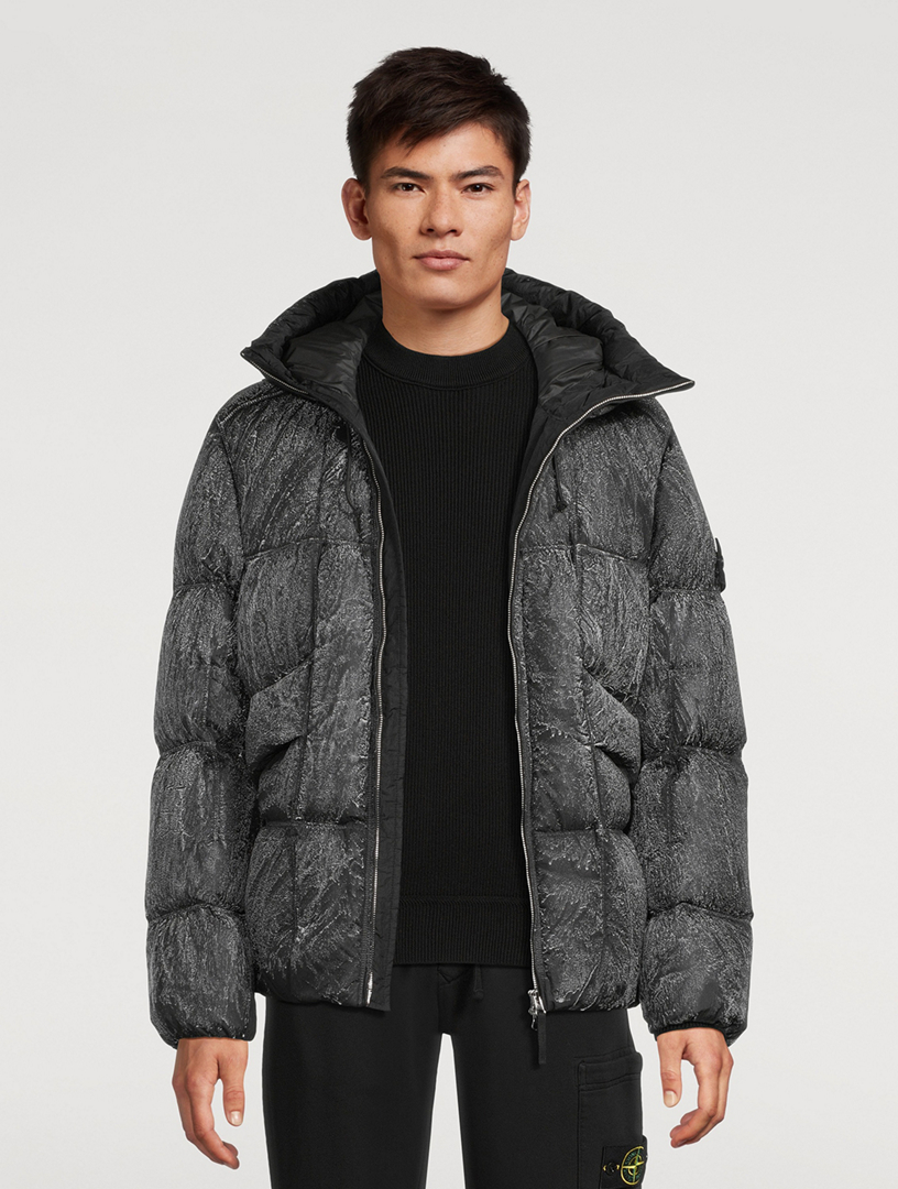 10aw/stone /Mesh padding Hooded 黒 STONE ISLAND Down Puffer Jacket In Reflective Spray Print | Holt