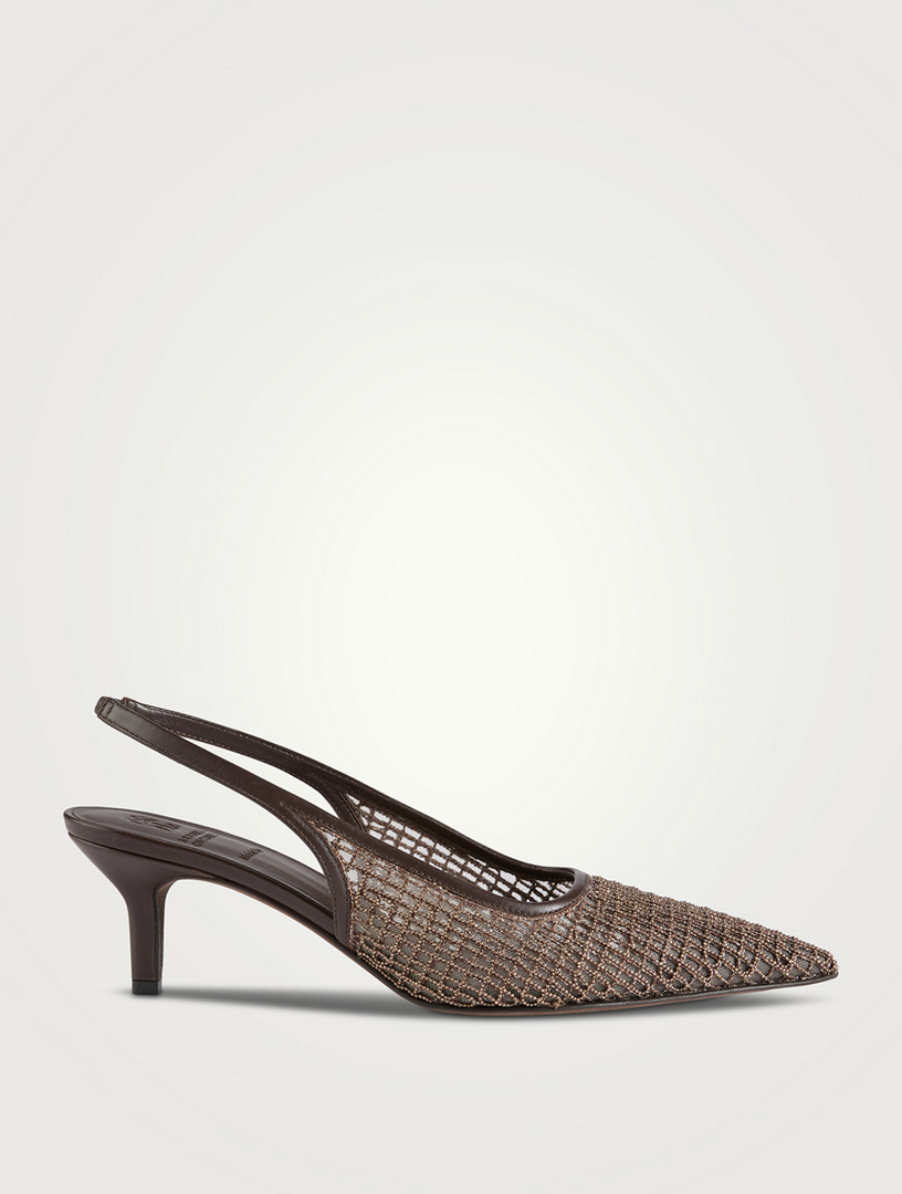 Embellished Mesh Slingback Pumps