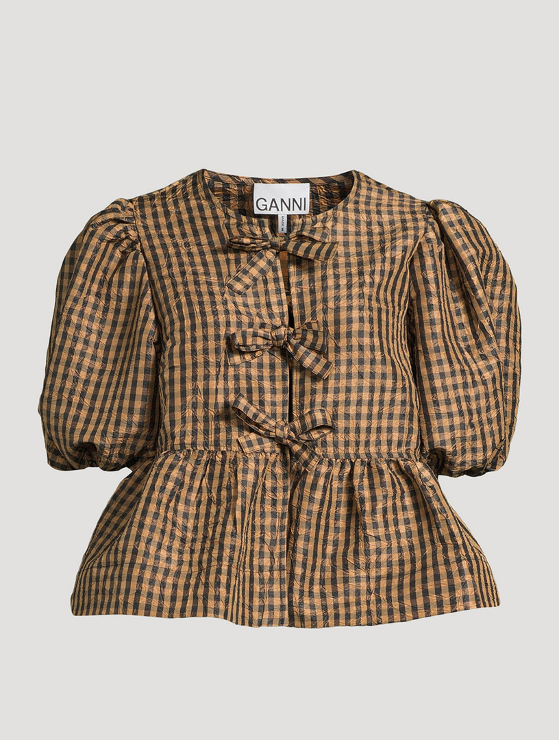 GANNI Crinkled Peplum Tie Blouse In Check Print | Holt Renfrew