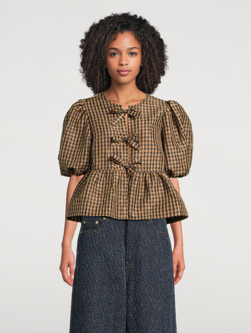 GANNI Crinkled Peplum Tie Blouse In Check Print | Holt Renfrew
