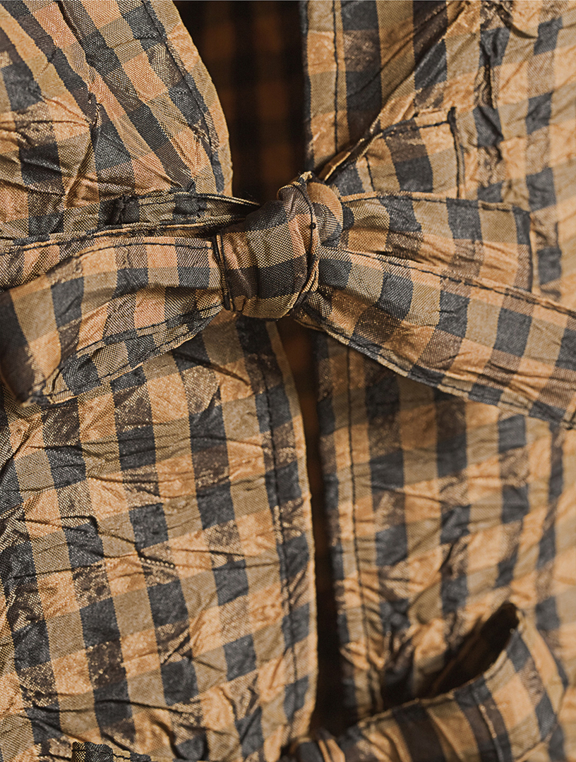 GANNI Crinkled Peplum Tie Blouse In Check Print | Holt Renfrew