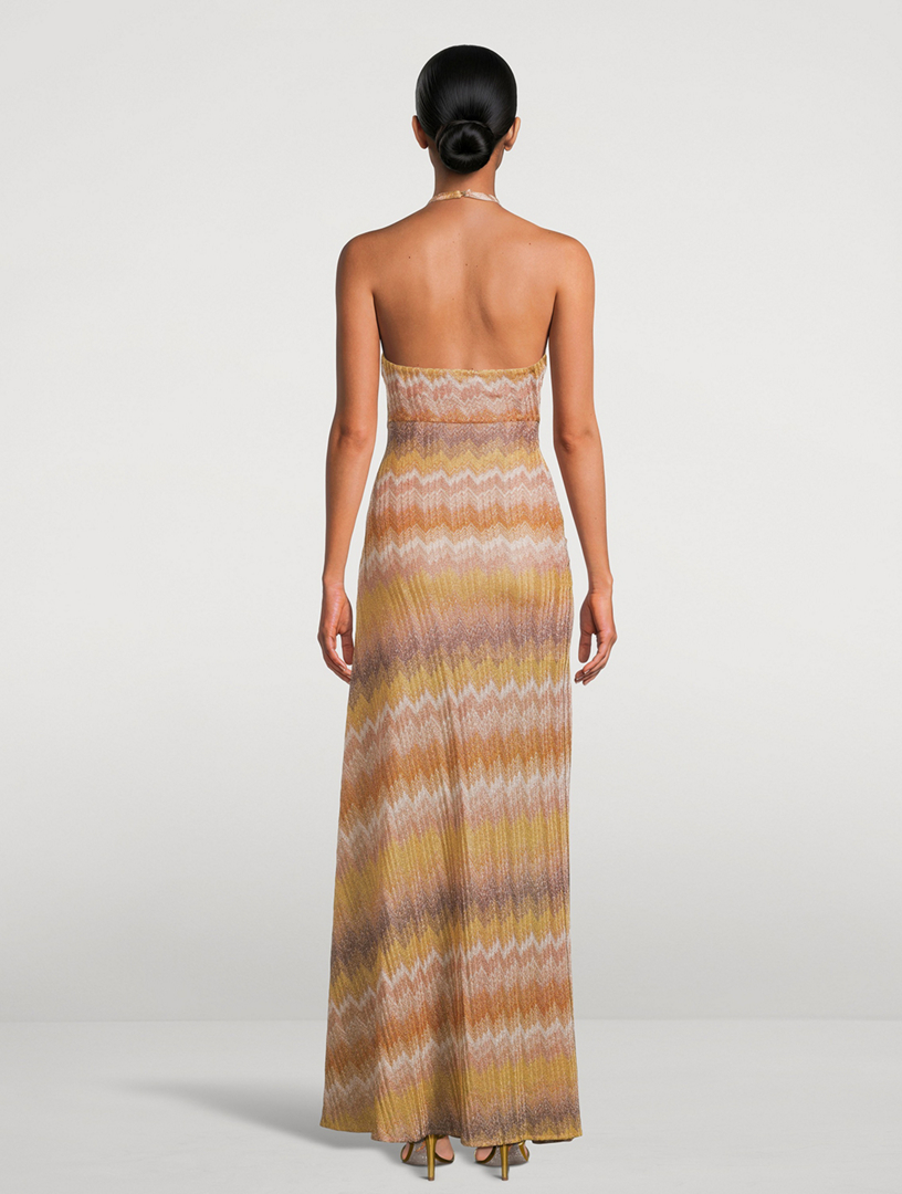 slim fit dress slacks Missoni M Pastel Green and Pink Gold Stripe Knit Sleeveless Maxi Dress