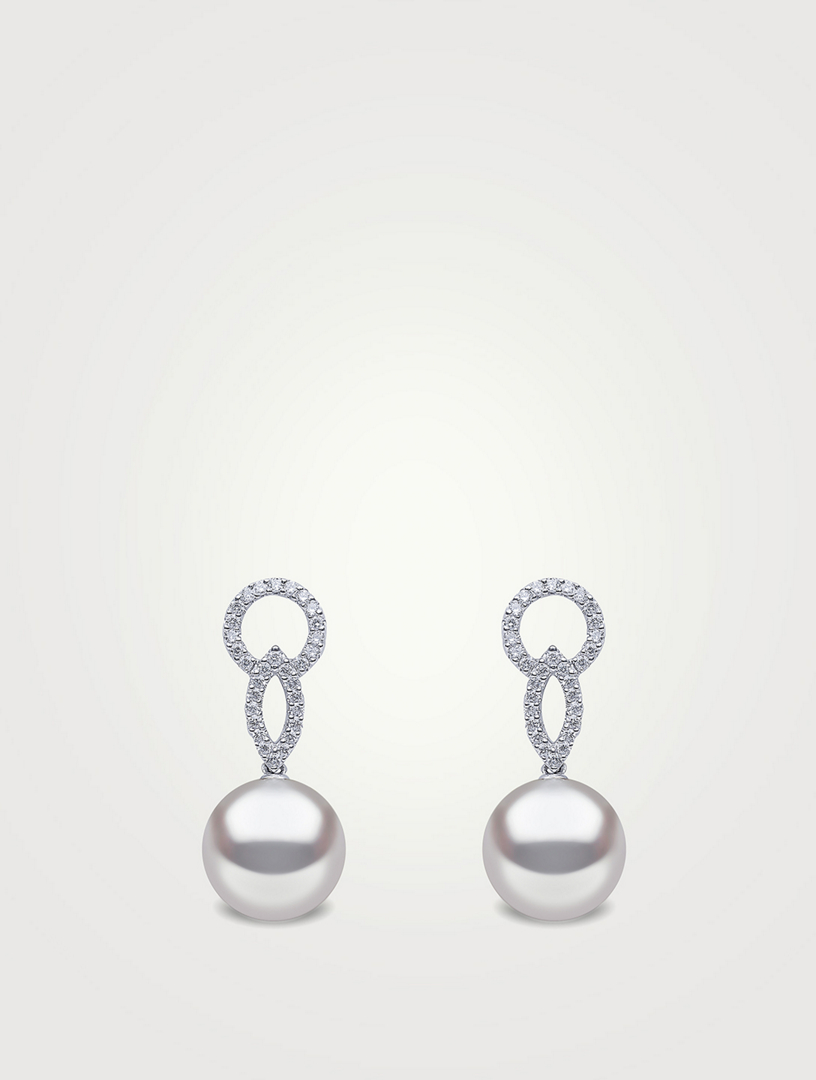 18K White Gold Freshwater Pearl And Diamond Drop Earrings