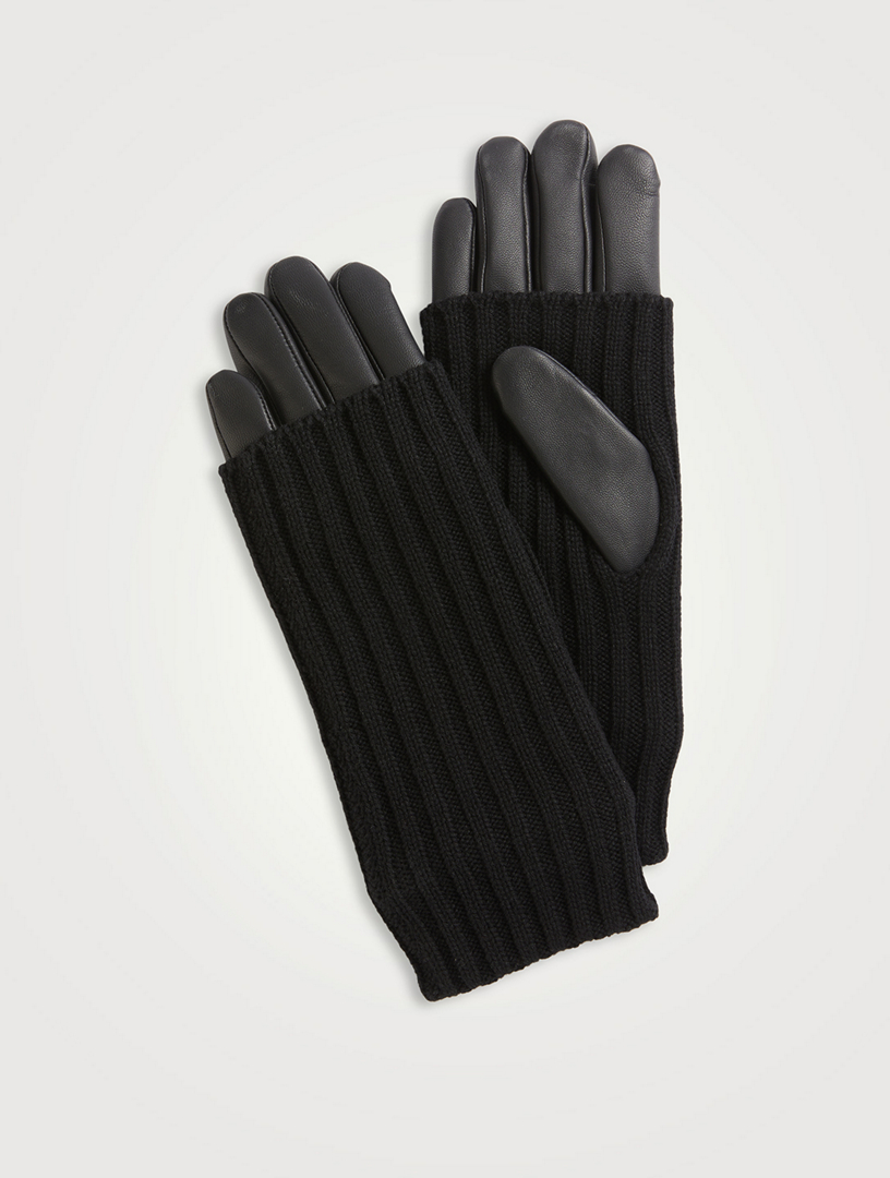 Gants longs en cuir avec poignets en tricot côtelé