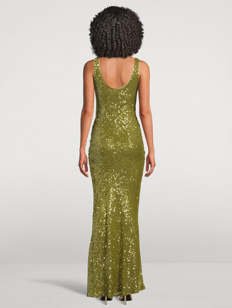 galvan green sequin dress GALVAN Green Sequinned Sparkly High Shine Reflection Long Dress main image 0