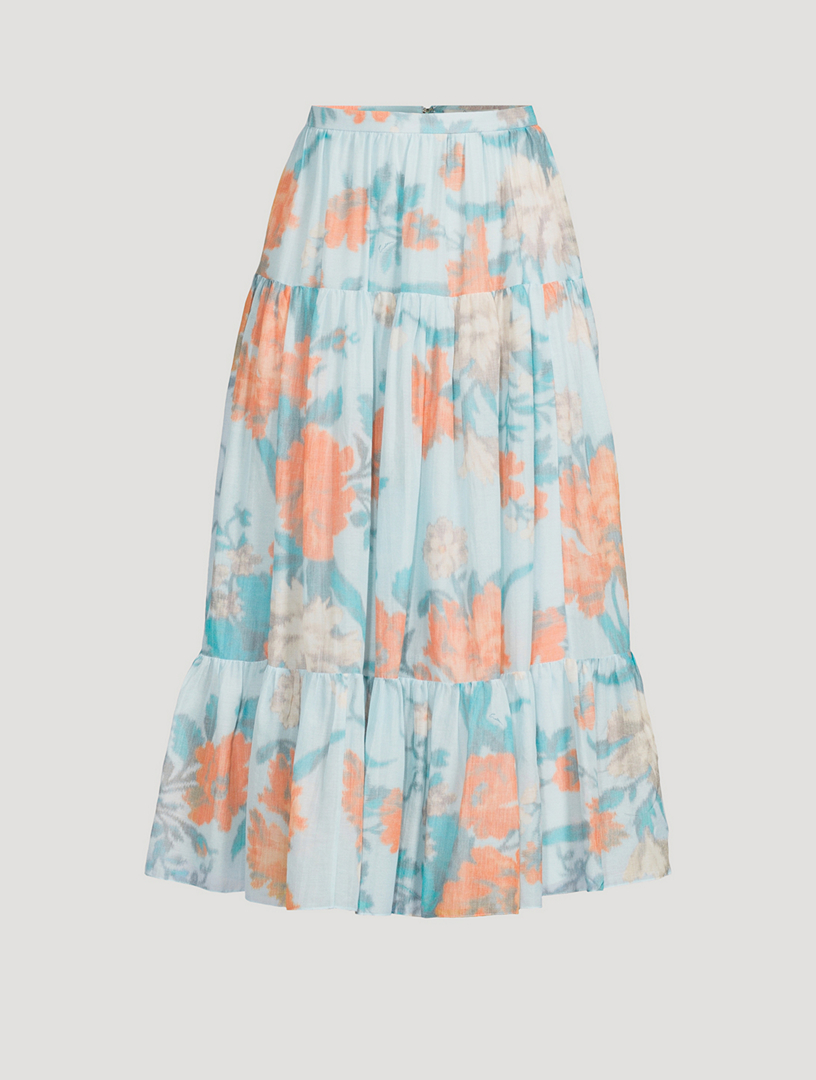 Tiered Voile Midi Skirt In Floral Print