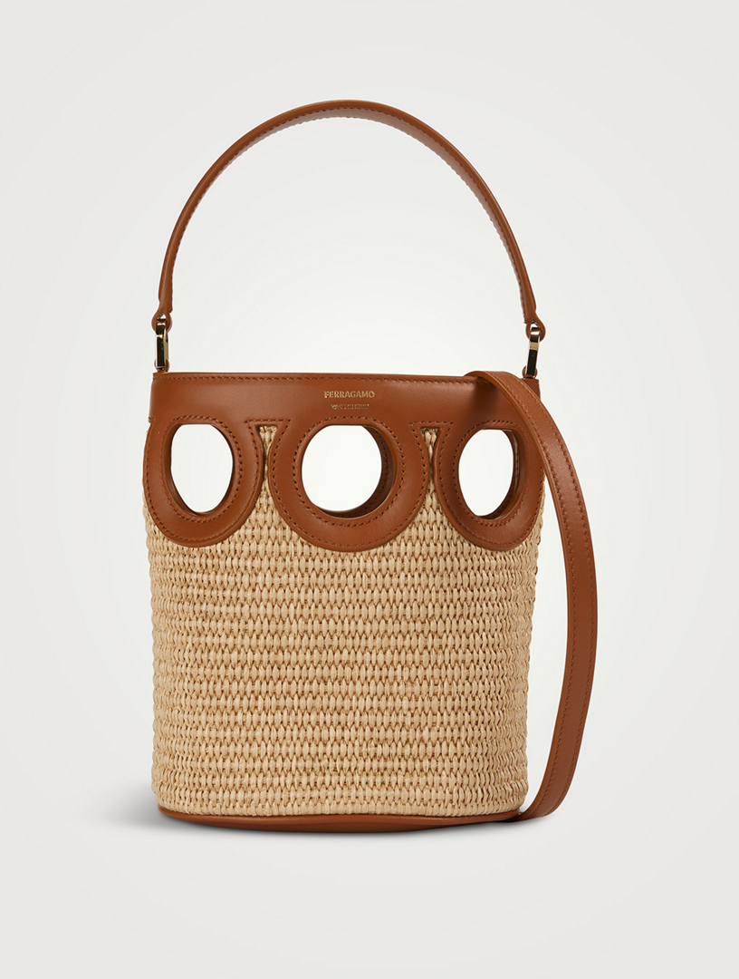 Mini Leather-Trimmed Raffia Bucket Bag