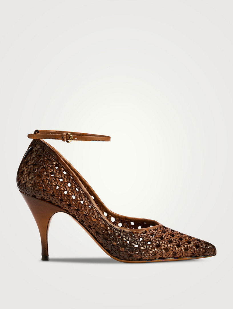 Woven Leather Ankle-Strap Pumps