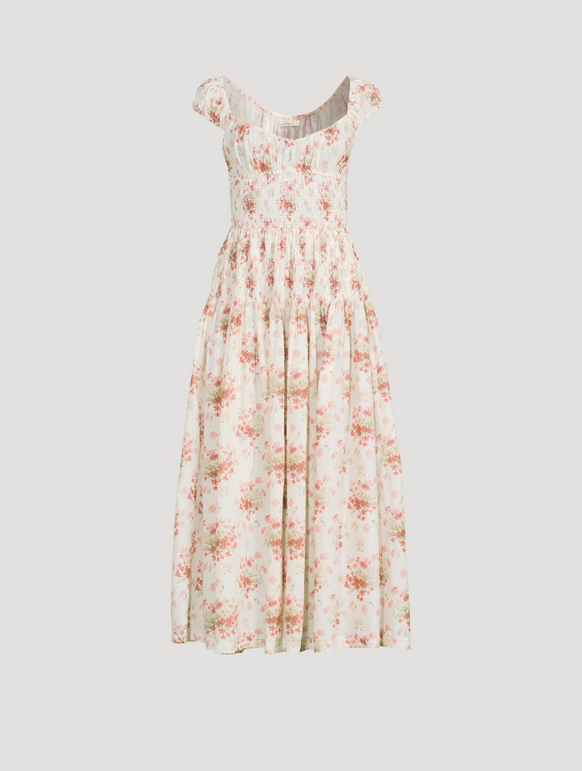 Robe mi-longue à smocks Quinette à motif floral