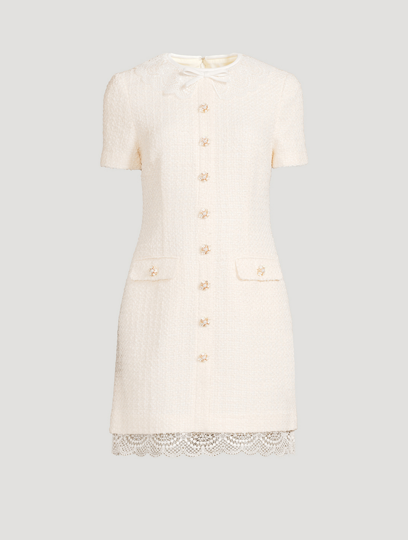 Lace-Trimmed Bouclé Mini Dress