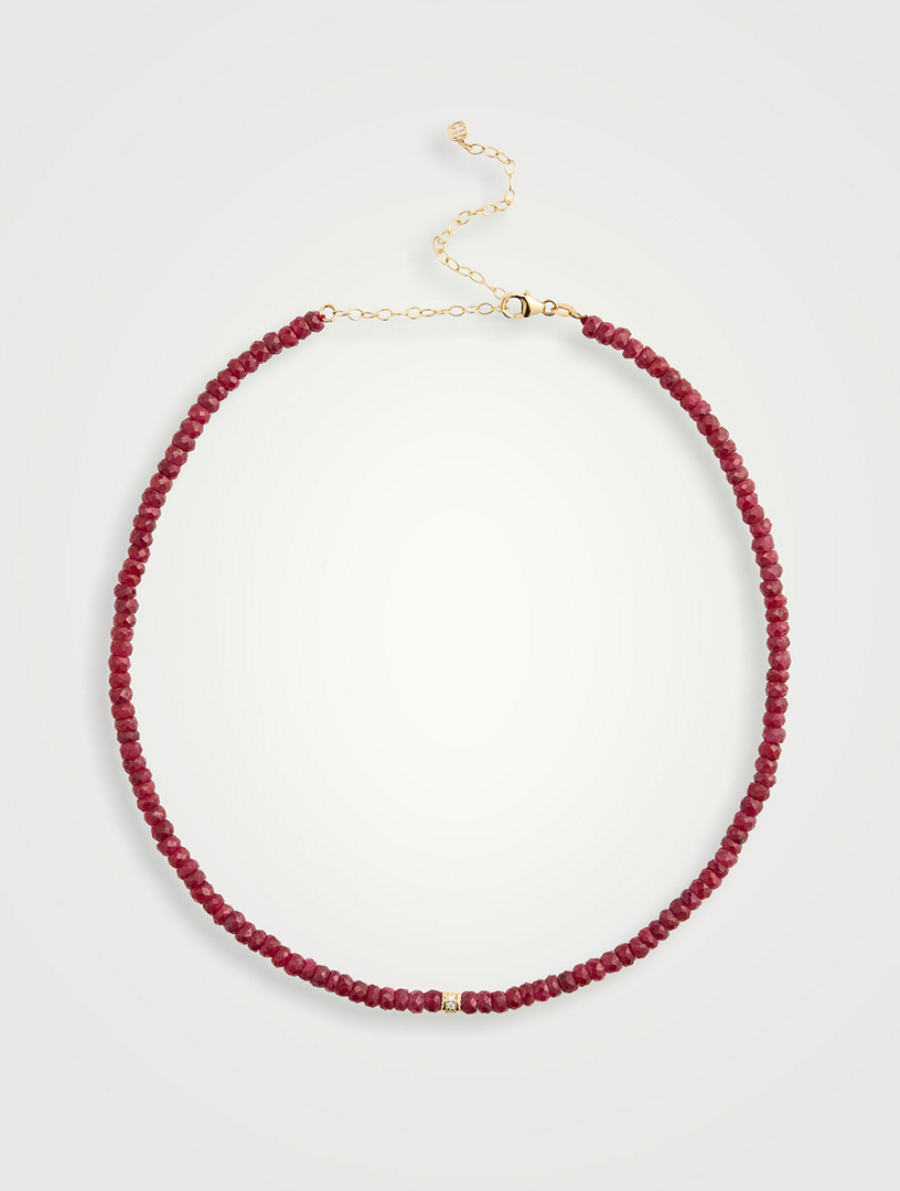 Ruby Corundum Beaded Necklace With 14K Gold Diamond Scalloped Rondelle