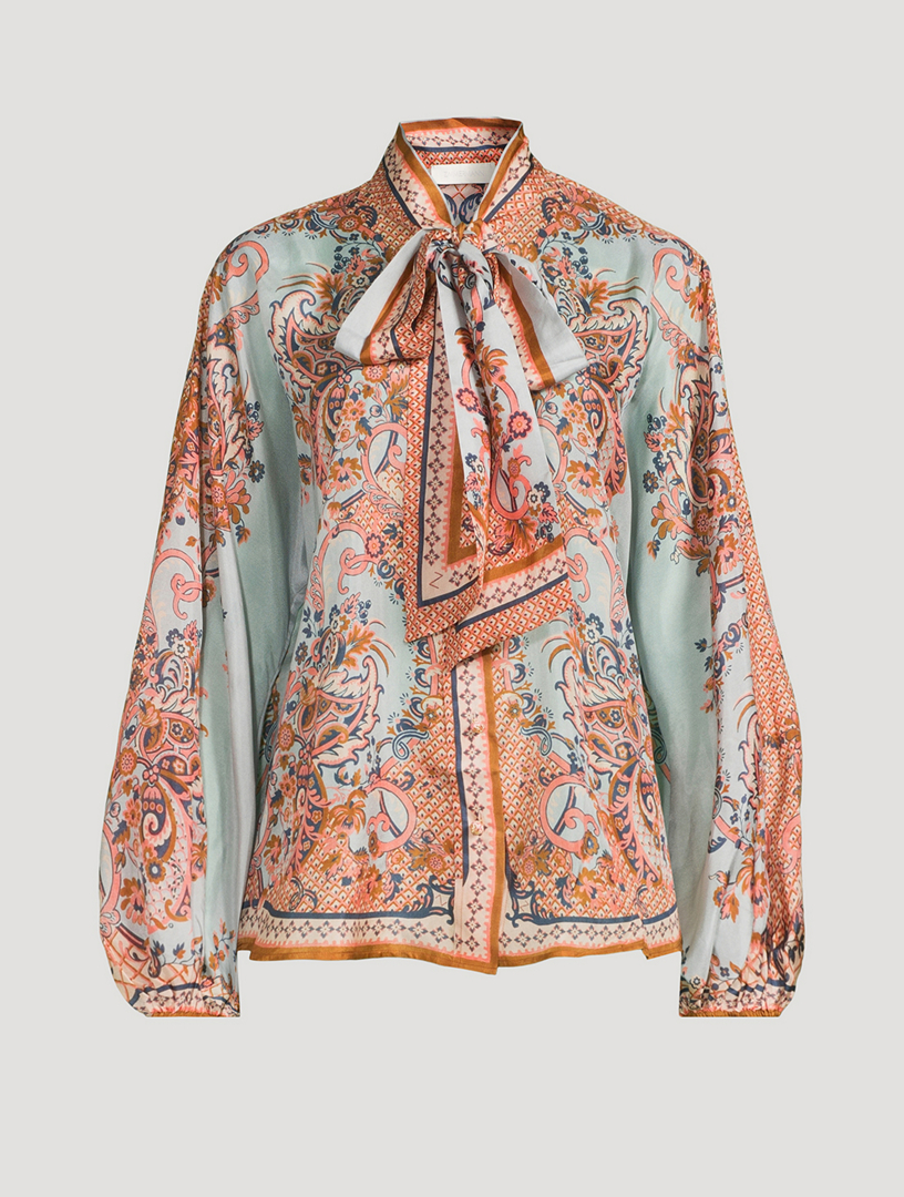 Aster Tie-Neck Silk Shirt In Paisley Print