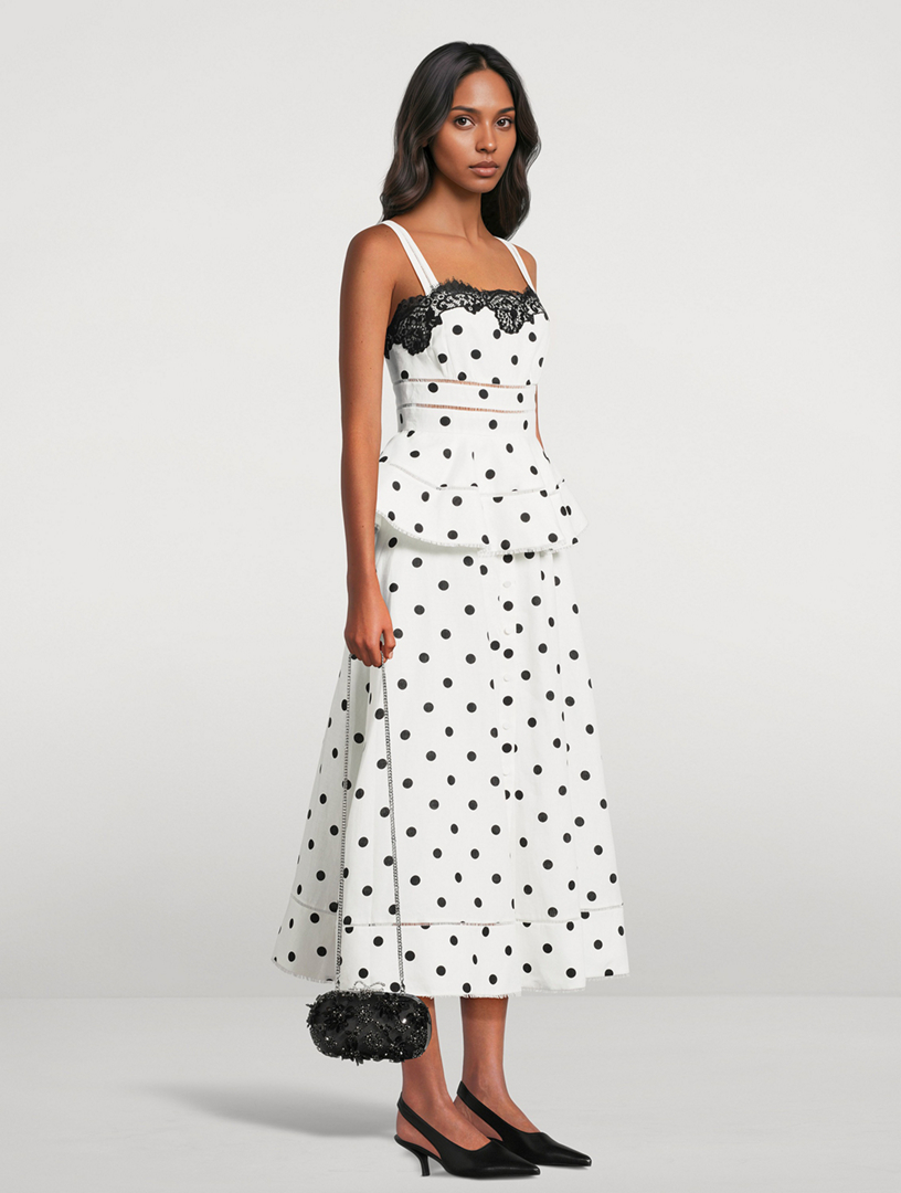 SELF-PORTRAIT Linen Cotton Midi Dress In Polka Dot Print | Holt Renfrew