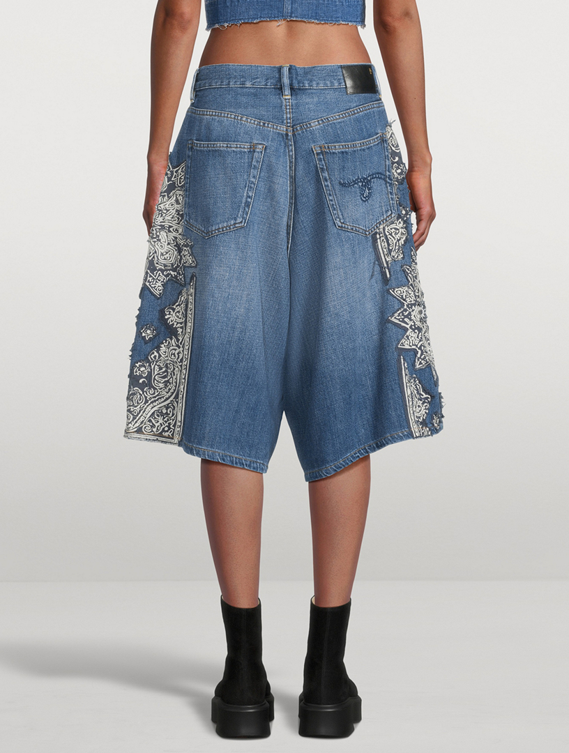 R13 Jesse Denim Bermuda Shorts With Bandana Appliqué | Holt Renfrew