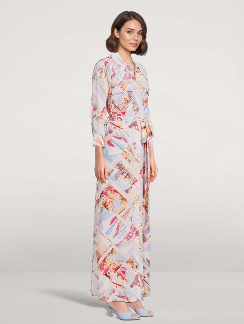 l'agence cameron silk shirt dress L'AGENCE Cameron Silk Shirt Dress In Light Pink Multi Large Postcard Print