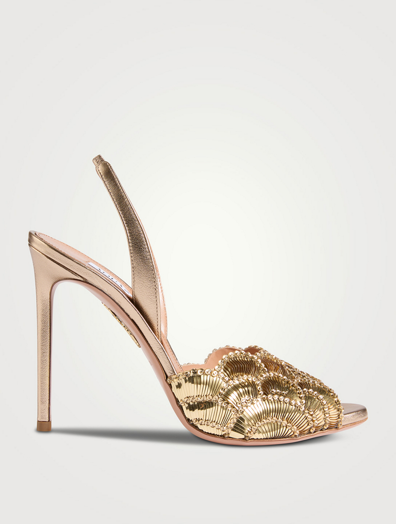AQUAZZURA Ce Soir Embellished Metallic Leather Slingback Sandals