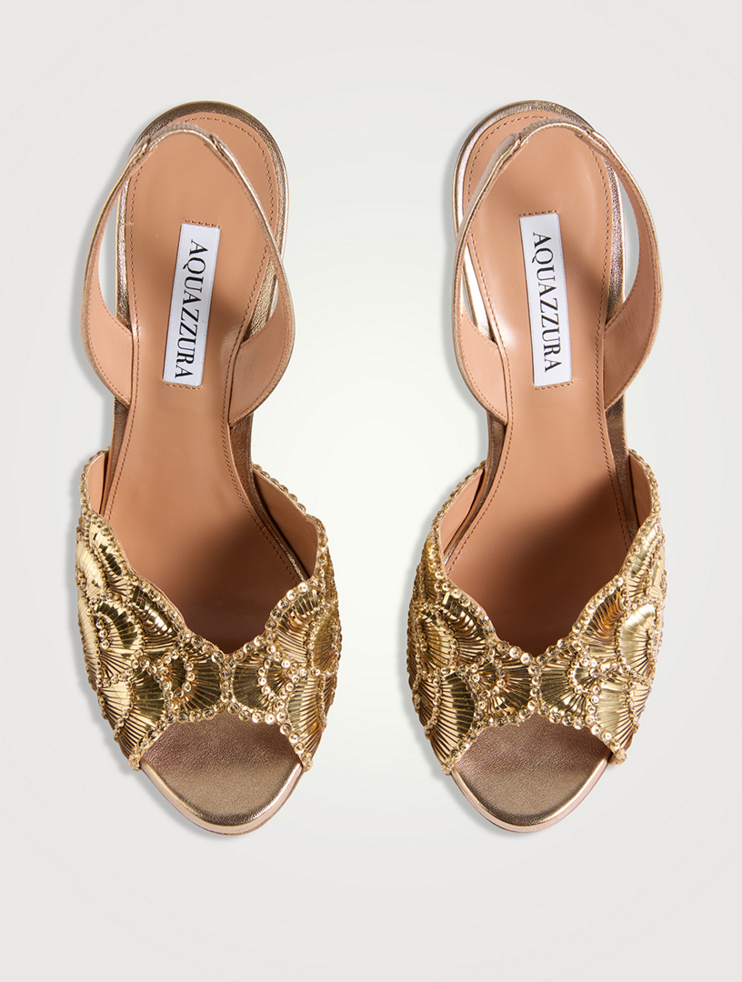 AQUAZZURA Ce Soir Embellished Metallic Leather Slingback Sandals