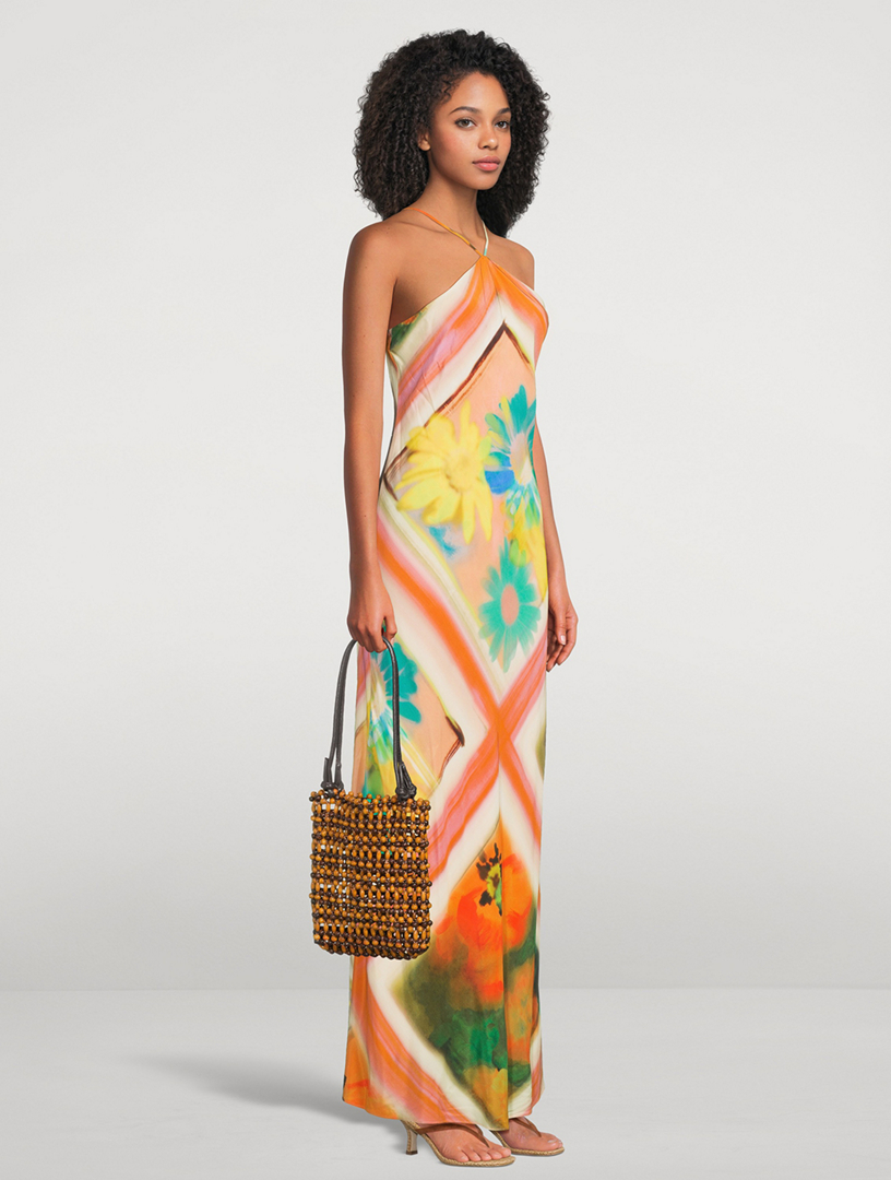staud cubism halter dress Printed coral chiffon halter bridesmaid dress for wedding