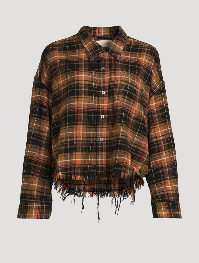 Drop-Neck Cropped Shirt In Plaid Print