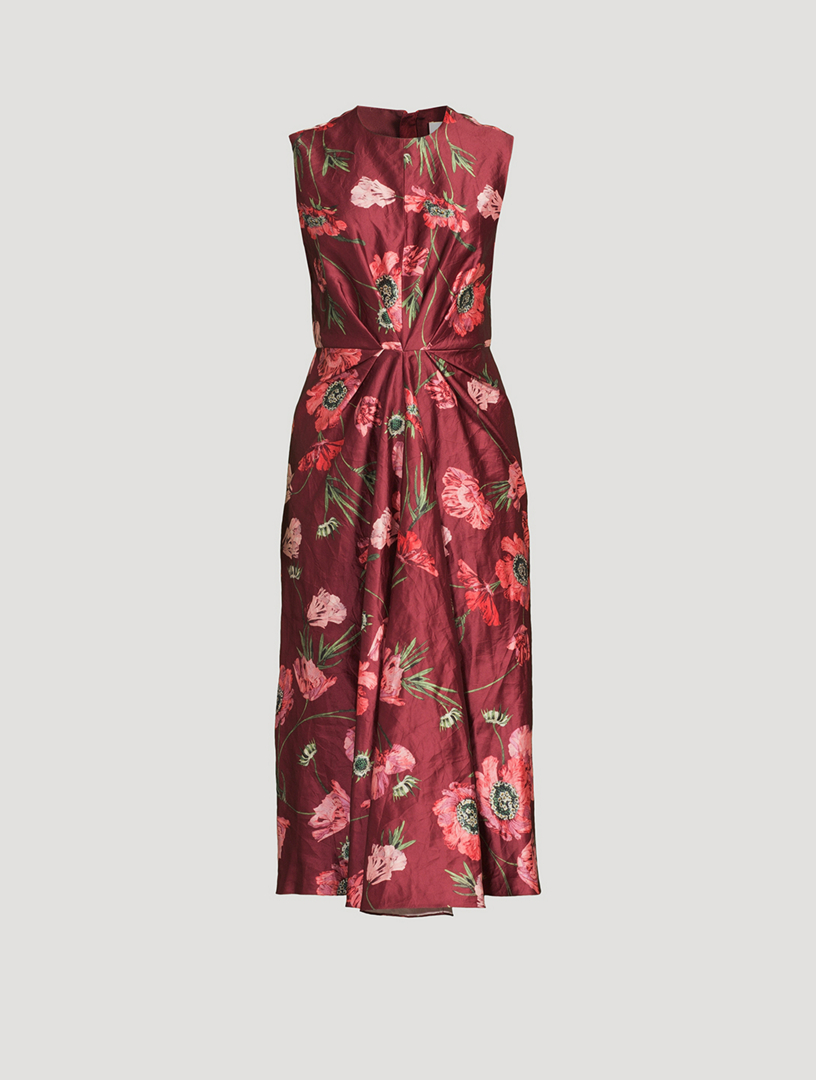 Gathered Satin Midi Dress In Poppy Print