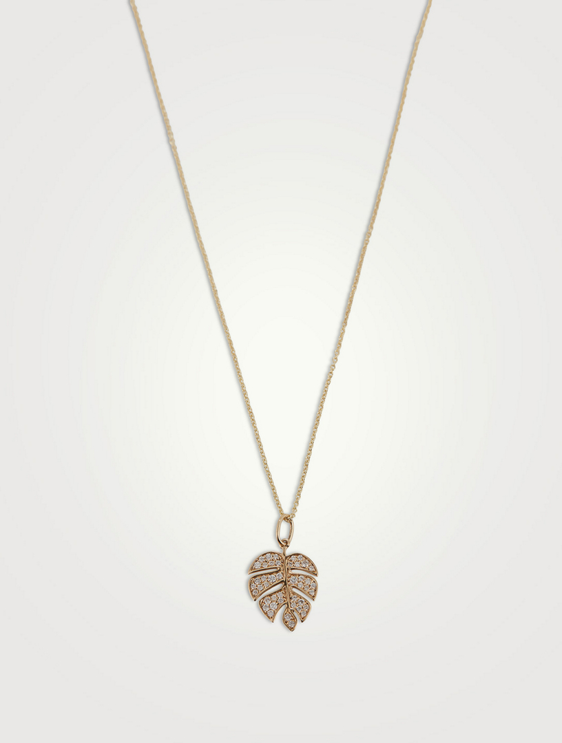 14K Gold Monstera Leaf Charm Necklace With Diamonds