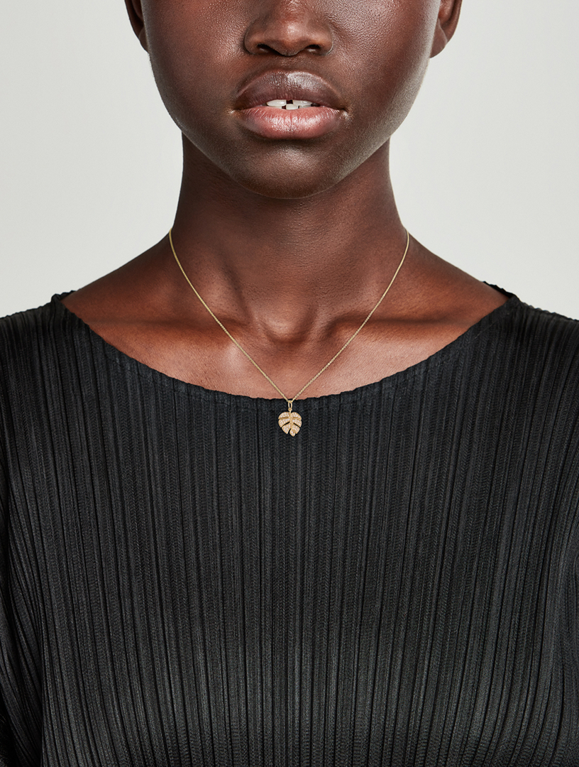 SYDNEY EVAN 14K Gold Monstera Leaf Charm Necklace With Diamonds