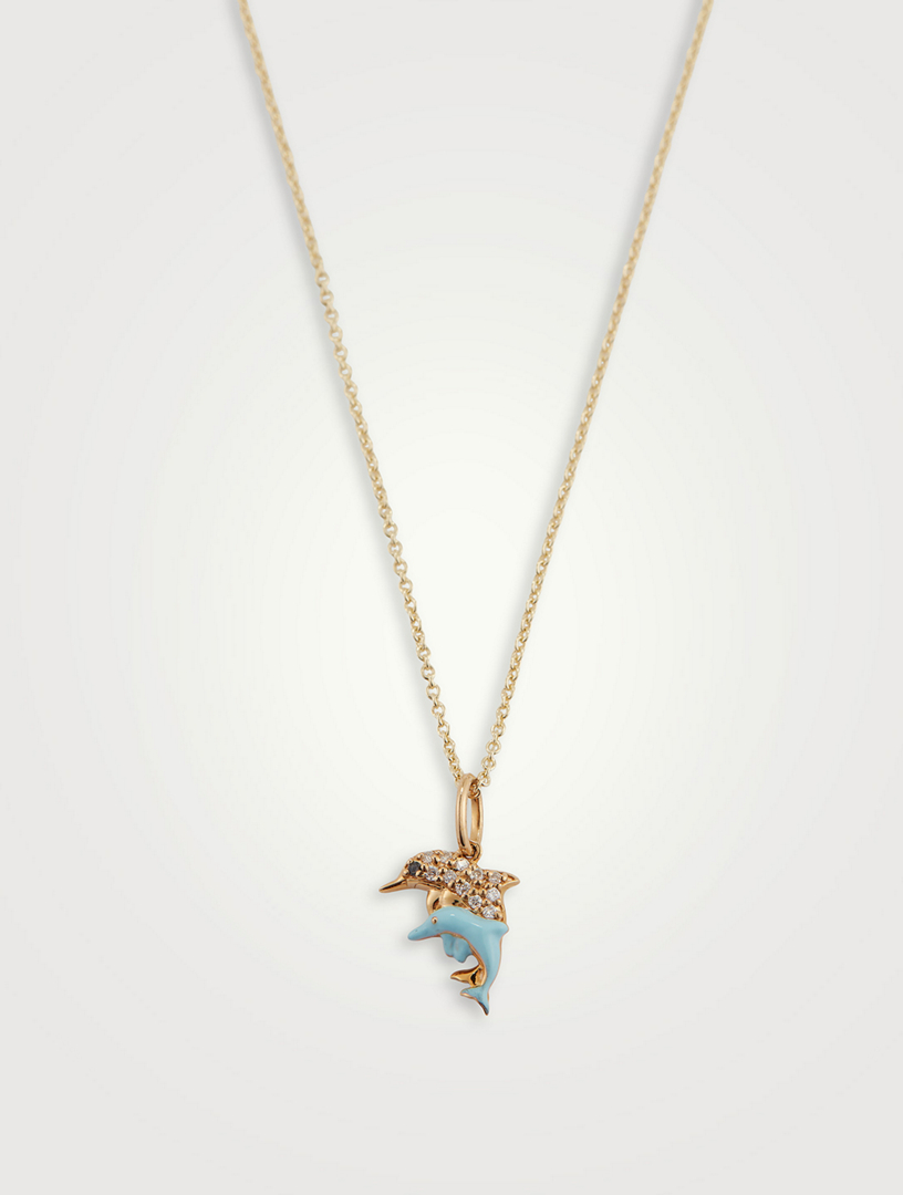 14K Gold Dolphin Charm Necklace With Diamonds