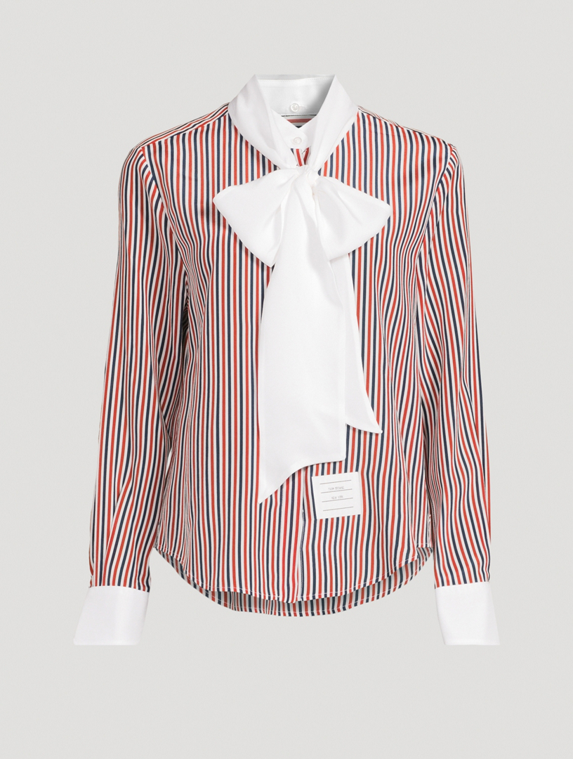 Tie-Neck Silk Shirt In Stripe Print