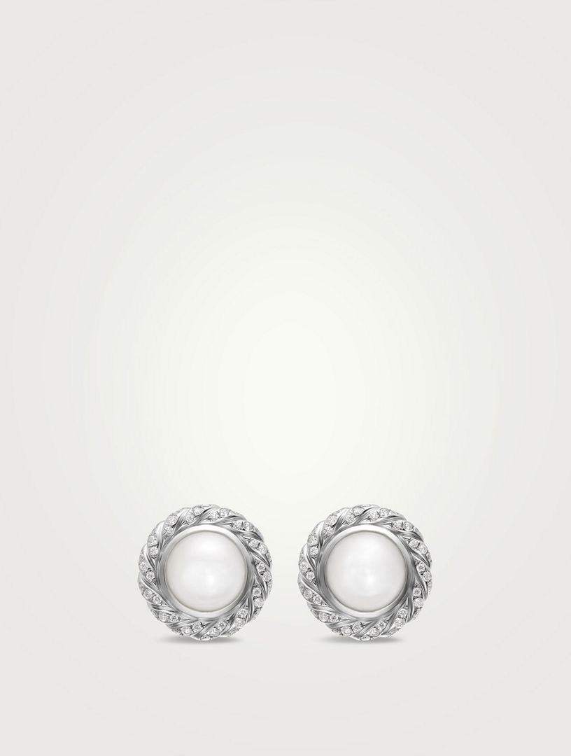 Boutons d’oreilles Halo classiques Cable avec perle en argent sterling avec diamants, 13 mm