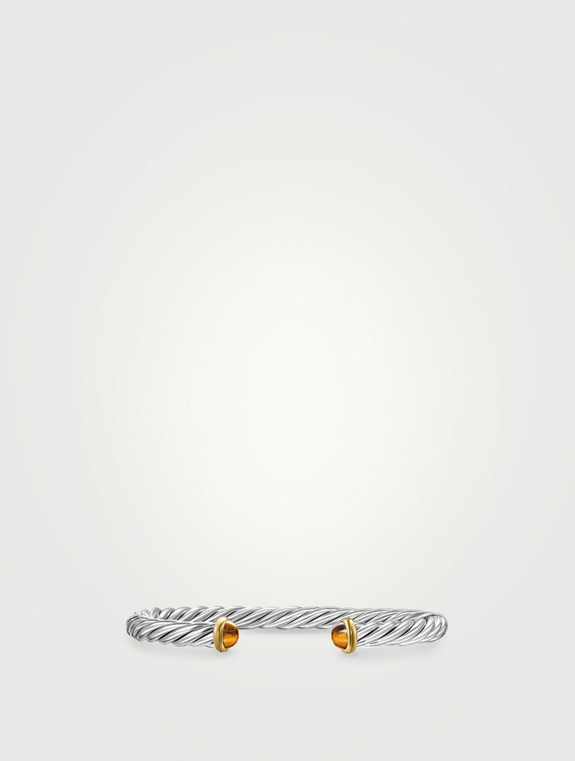 Bracelet manchette Cable moderne en argent sterling avec or jaune 14 carats et œil-de-tigre, 6 mm