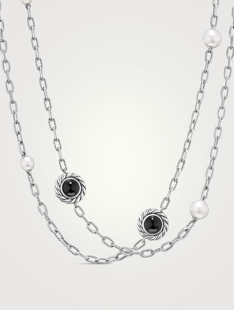 Collier chaîne classique station avec perle en argent sterling avec onyx noir, 4 mm