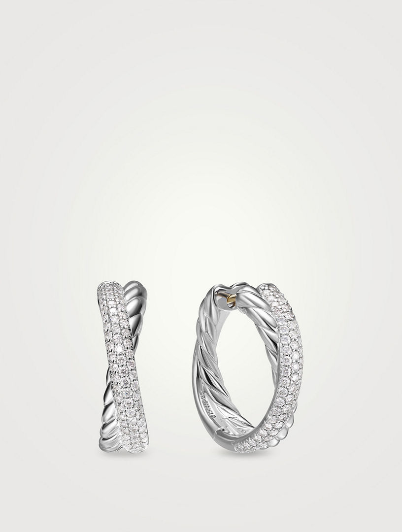 Crossover Hoop Earrings In Sterling Silver With Diamonds, 22.4mm