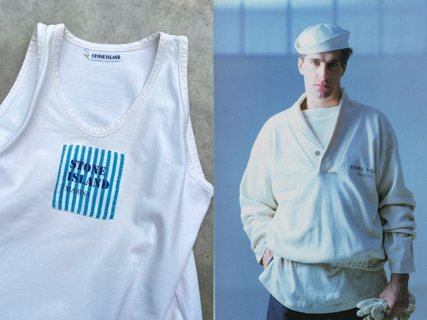 A male model wearing a white sailor’s cap and a white jacket over an oversized t-shirt. / Un mannequin portant une casquette de marin blanche et une veste blanche sur un tee-shirt surdimensionné.