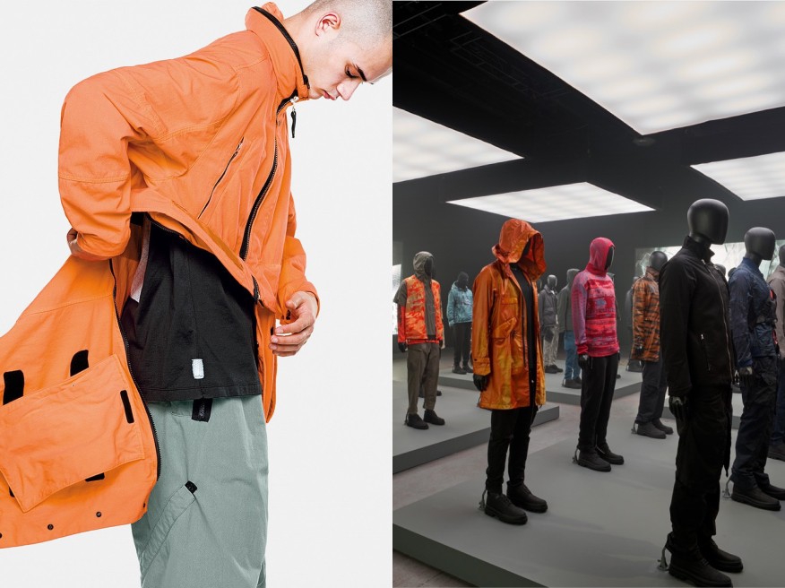 A Stone Island exhibit with mannequins dressed in archival clothing. / Une exposition Stone Island montrant des mannequins portant des vêtements d’archive.