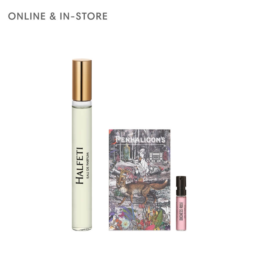 Two minature fragrances alongside a painted package