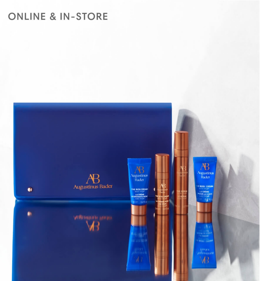 A blue bag and 4 mini Augustinus Bader products