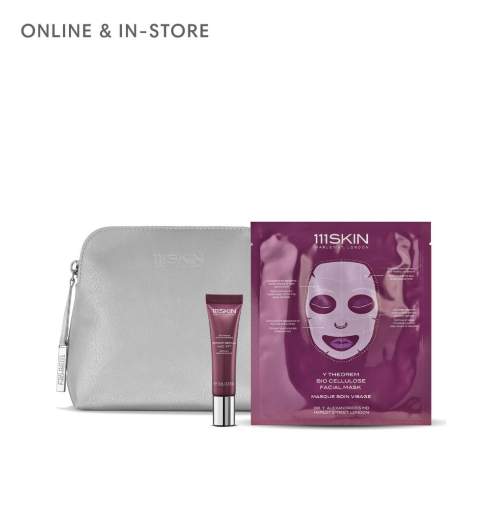 A silver pouch and two 111Skin products